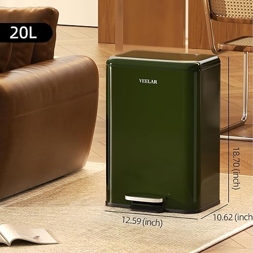 5 Gallon Bathroom Trash Can - Room Step Garbage Can with Lid, Stainless Steel Trash Bin for Kitchen Living Room Bedroom Commercial Restaurant Office (Green, 20Liter / 5.5Gallon)