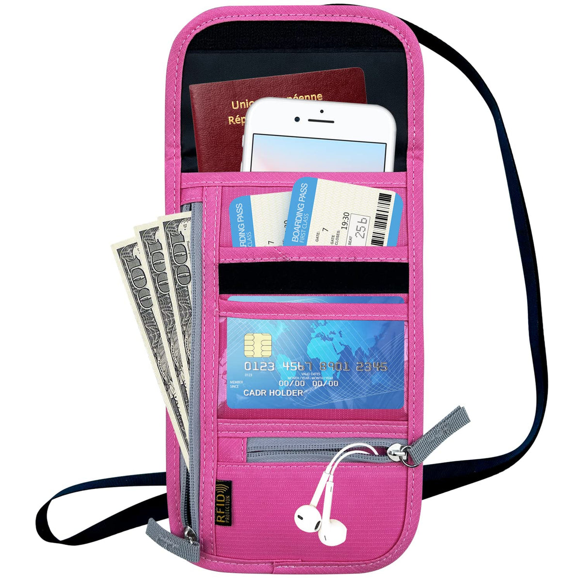 Travel Neck Wallet, RFID Blocking Passport Holder with Adjustable Neck Strap for Men and Women to Keep Cash, Credit Cards and Travel Documents Safe - Rose