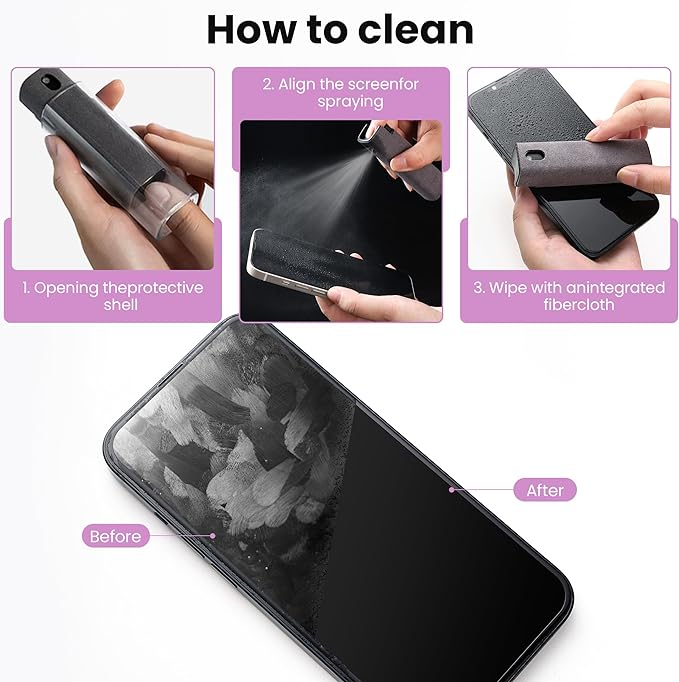 Screen Cleaner, Touch Screen Mist Cleaner, Cell Phone, Laptop and Tablet Screen, 3-in-1 Spray and Microfiber Cloth, Refillable with Water, Alcohol, Sanitizer (Pink -0.35oz)