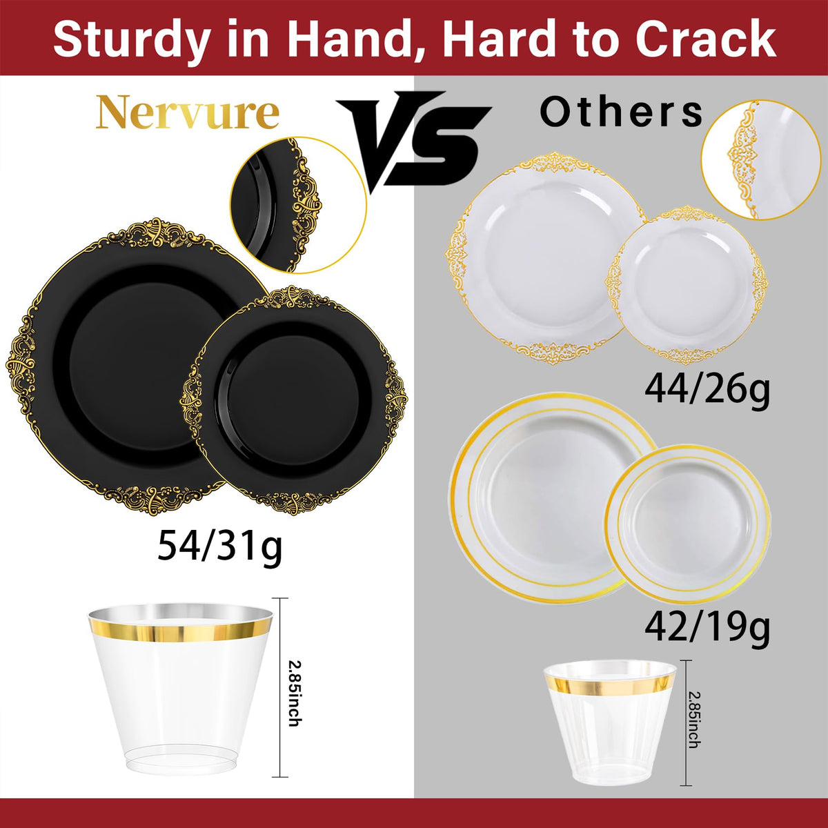 Nervure 175PCS Black Plastic Plates - Disposable Black Gold Party Plates & Pre Rolled Napkins with Cutlery for 25 Guests, 50Plates, 75Silverware, 25Cups, 25Napkin for Wedding & Party