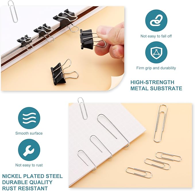 360 Pcs Binders & Paperclips Assorted Sizes with Container, Silver Paper Clips & Black Binder Clips Office Supplies, Paper Clamps for Office, Home, School