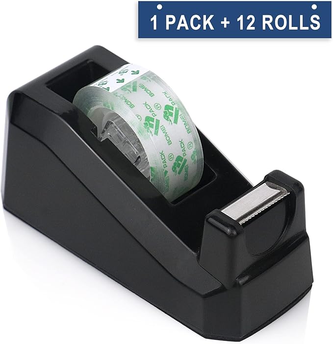 BOMEI PACK Tape Dispensers Desk, 1 Pack Black with 12Rolls Transparent Tape, 1 Inch Core, for Gift Wrapping, School, Office and Home