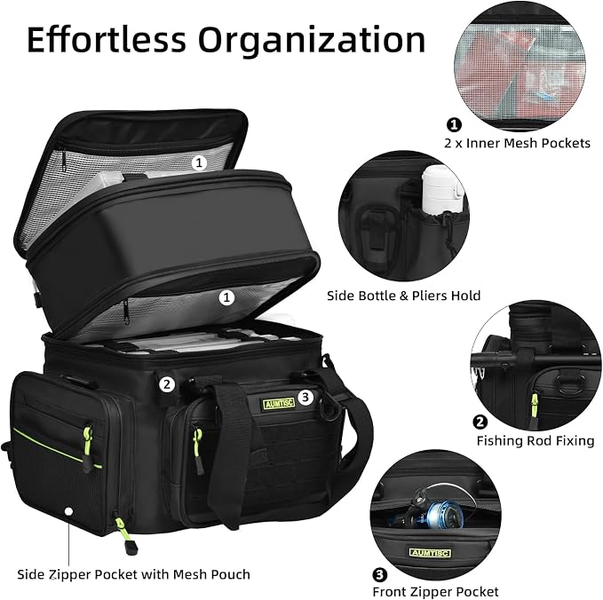AUMTISC Fishing Tackle Bags for 3500/3600 Trays, Expandable Tackle Box Organizer Gear Storage Bag, with Rod Holders, Detachable Shoulder Strap, Freshwater or Saltwater Fishing Accessories Bags