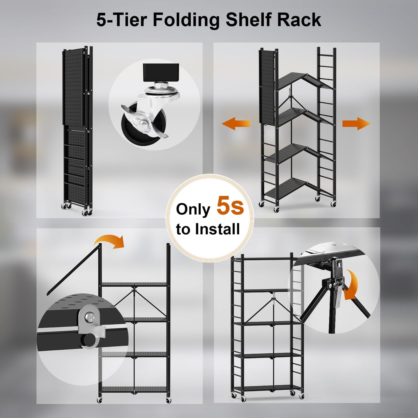 Himix Storage Shelves with 20 Hooks, 5-Tier Collapsible Organization Storage Rack Bookshelf Folding Pantry Shelves Cube Shelf Wire Shelving Holds 440 Ibs for Garage Kitchen Room, Black