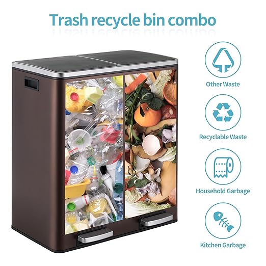 16 Gallon Rectangular Stainless Steel Trash Can, Dual Compartment Garbage Bin with Recycling Combo, Metal Dustbin Lid, Removable Liner, Indoor Hands Free Waste Bucket for Kitchen Home