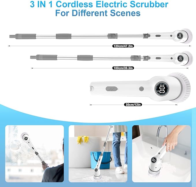 Electric Cleaning Brush, Cordless Electric Spin Scrubber with Long Handle, 3 Brushes, 5 Cleaning Pads, Portable Charging Base