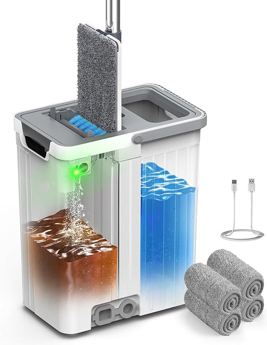 Mop and Bucket Set with AUTO Pump, 3-Zone Separate Dirty and Clean Water, Flat Mop and Bucket System with Wringer and Wheels, 4 Reusable Microfiber Pads, One-Touch Water Filling for Home Cleaning
