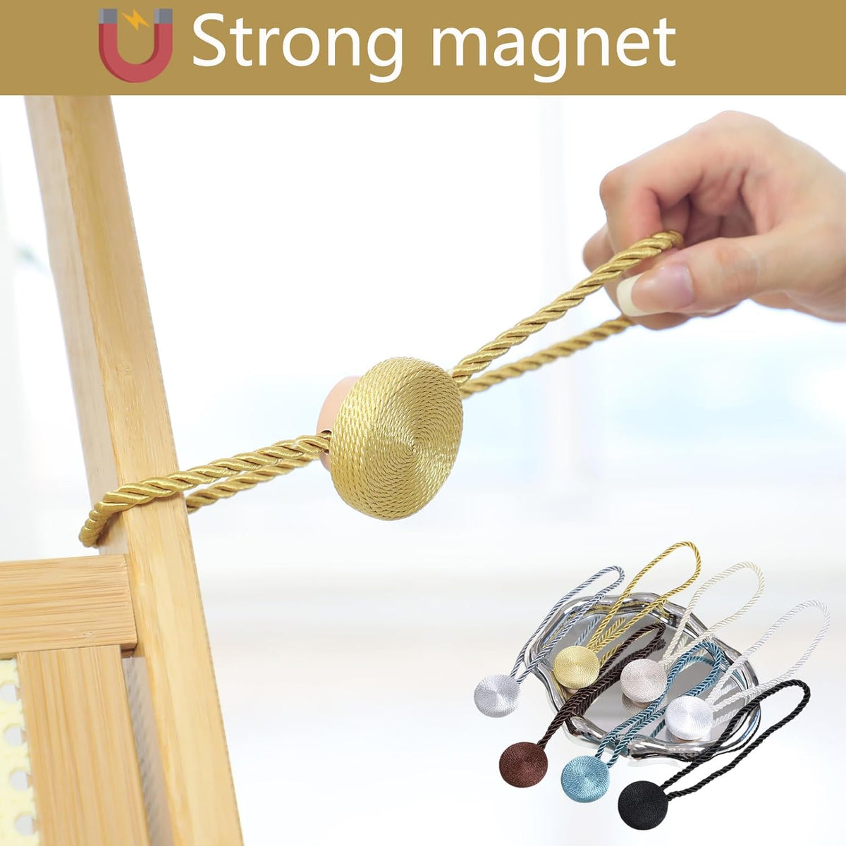 Magnetic Curtain Tiebacks - 12mm Magnetic Tie Backs for Curtains, Heavy Duty No Drill Curtain Holdbacks for Home/Office Windows Drapes, Elegant Gift-Ready Design 7 Colors (2, Gold)