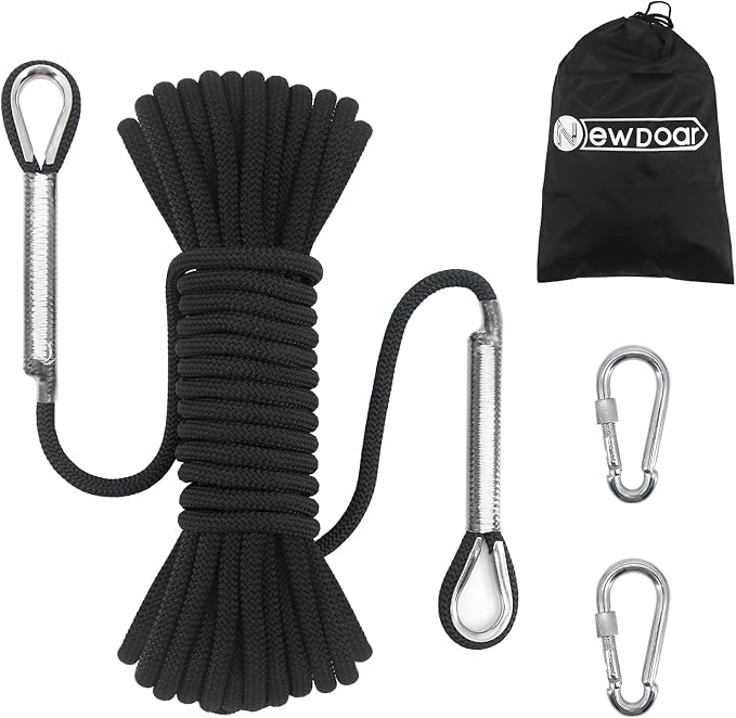 NewDoar 14KN Static Climbing Rope 8mm(5/16in) Accessory Cord Equipment 33FT(10M) 66FT(20M) 98FT(30M) 165FT(50M) Escape Rope with 2 Carabiners for Ice Climbing Equipment Fire Rescue Rope-Black/10M