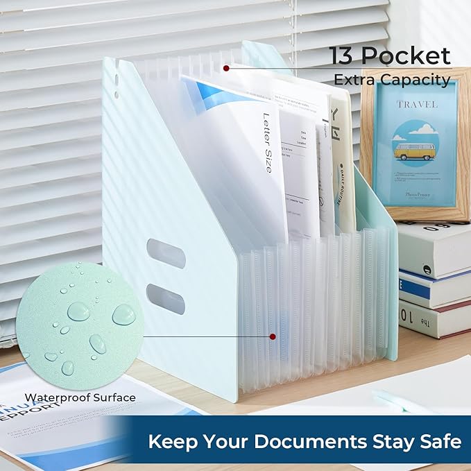 Y YOMA 2 Pack Expanding Magazine Holder with 13 Pockets | Portable Desktop Plastic Self Standing Accordion File Organizer for A4 Letter Size Document Storage Home Office School, Mint Green