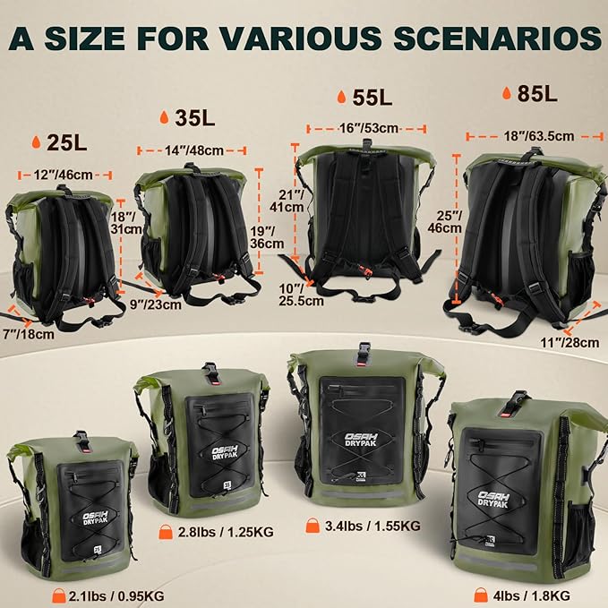 OSAH DRYPAK Waterproof Backpack Dry Bag 35L/55L/85L – Heavy Duty Roll-Top Hiking Backpack for Travel, Kayaking, Boating, Camping, Rafting and Fishing