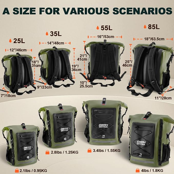 OSAH DRYPAK Waterproof Backpack Dry Bag 35L/55L/85L – Heavy Duty Roll-Top Hiking Backpack for Travel, Kayaking, Boating, Camping, Rafting and Fishing