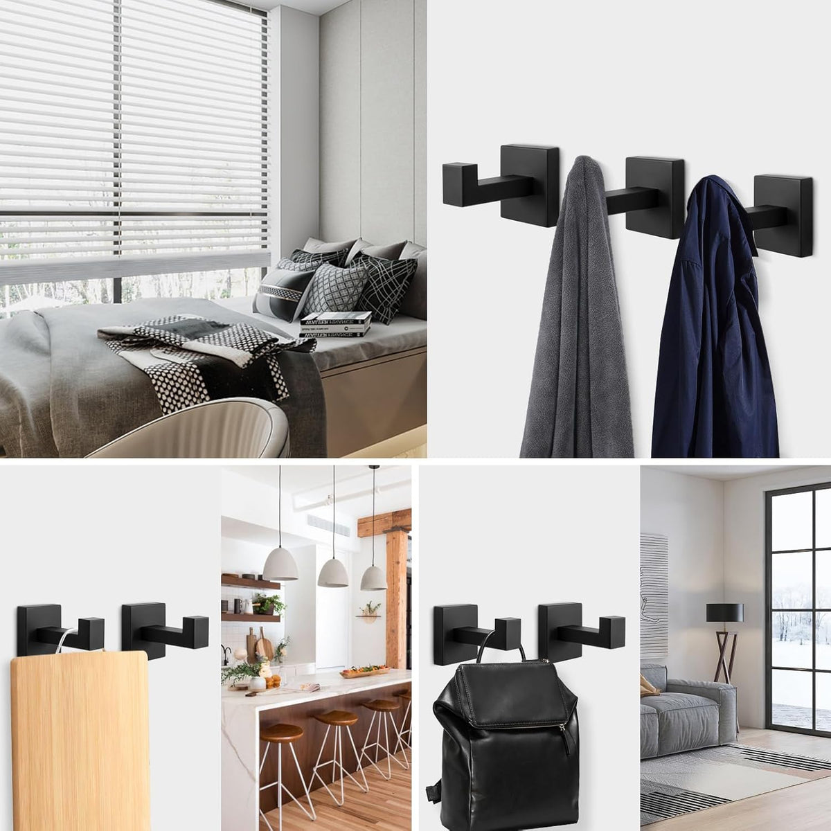 NearMoon Bath Towel Hooks -SUS304 Stainless Steel Square Clothes Robe Hooks Hanger, Heavy Duty Coat Hooks for Bathroom Livingroom Hotel Kitchen Garage, Wall Mounted - 3 Pack (Matte Black)