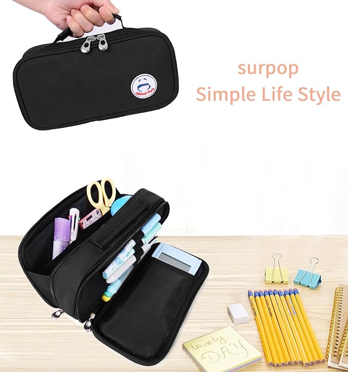 Pencil Case Pen Bag Holder Pouch Large Handle Big Capacity Desk Organizer Storage Marker Box Stationary Makeup Cosmetic Double Zippers for School Office Students Teen