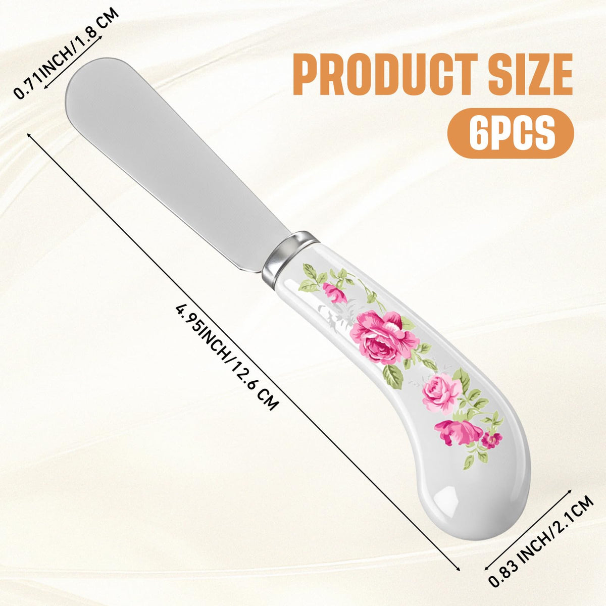 Yiyiring 6 Pack Floral Cheese Spreaders 4.95" Stainless Steel Butter Knife with Ceramic Handle for Jam, Pastry, Butter Knife - Holiday Silverware & Festive Kitchen Cutlery