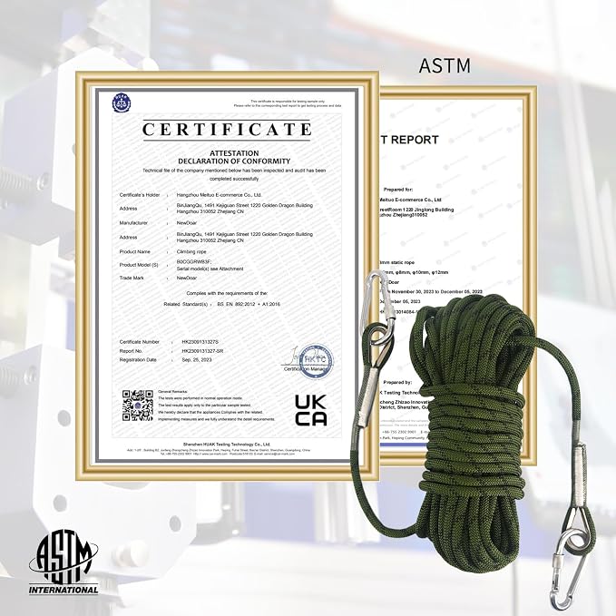 NewDoar Climbing Rope 8(5/16in),10mm (3/8in), High Strength Accessory Cord Rope with 2 Steel Hooks, for Outdoor Rescue Rappelling Rope Down Cliffs ledges Safety Escape Tow Strap Equipment(ArmyGreen)
