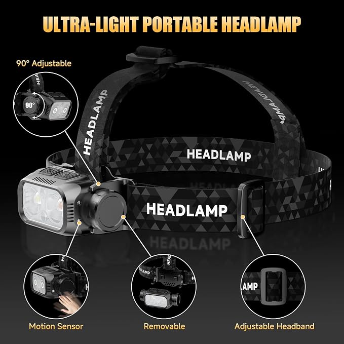 Atdoall Rechargeable LED Headlamp 6 Pack, High Lumen Super Bright Head Lamp with Red Light, Motion Sensor, 5 Modes, 90° Adjustable, Waterproof Lightweight Headlamps for Adult Running, Camping, Fishing