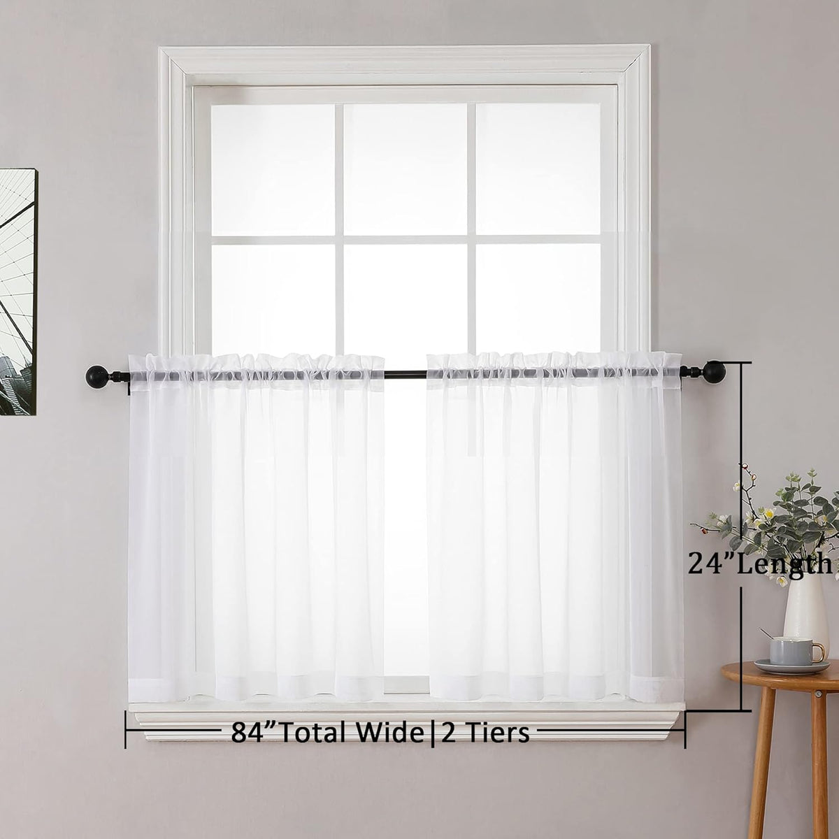 Chyhomenyc Sheer White Tier Curtains 24 Inch Length Set, Small Window Curtains Treatment for Bathroom/Living Room/Cafe/Basement, Short Voile Curtain Tiers 42in x 24in, Rod Pocket, 2 PCS