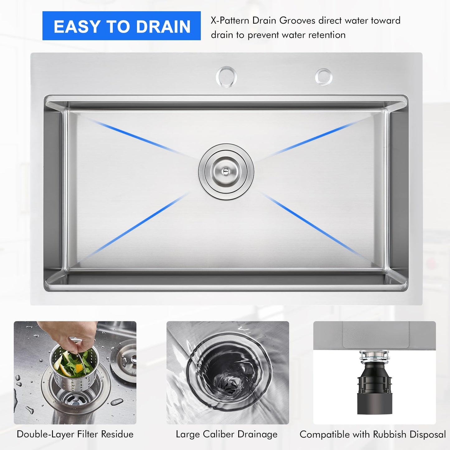 MENATT 28 inch Drop In Kitchen Sink with Ledge, 2 Faucet Hole Single Bowl Workstation Sink, 18 Gauge 304 Stainless Steel Top Mount Kitchen Sink with Accessories