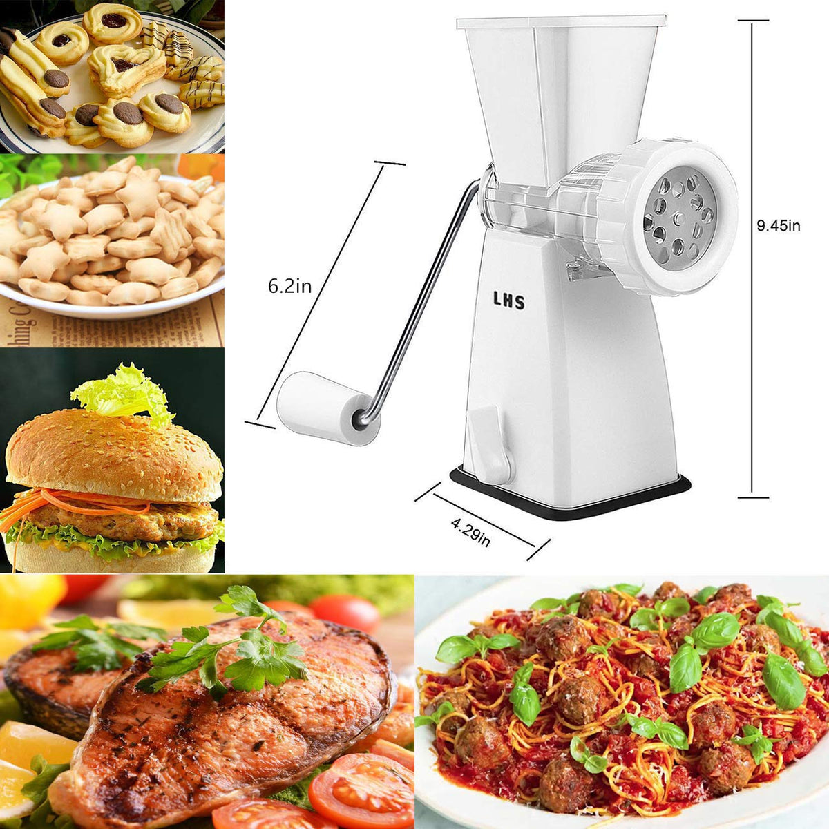 LHS Manual Meat Grinder with Stainless Steel Blades Heavy Duty Powerful Suction Base for Home Use Fast and Effortless for All Meats-White