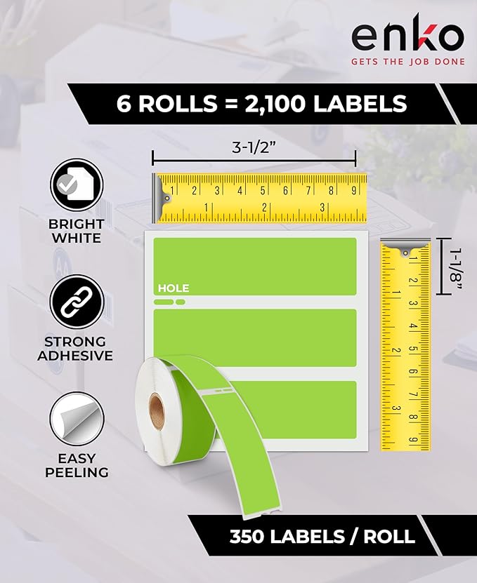 enKo [6 Rolls, 2100 Labels] Address, Shipping & Barcode Labels 30252 - Green (1-1/8" x 3-1/2") Compatible for Dymo LabelWriter & Rollo Printer