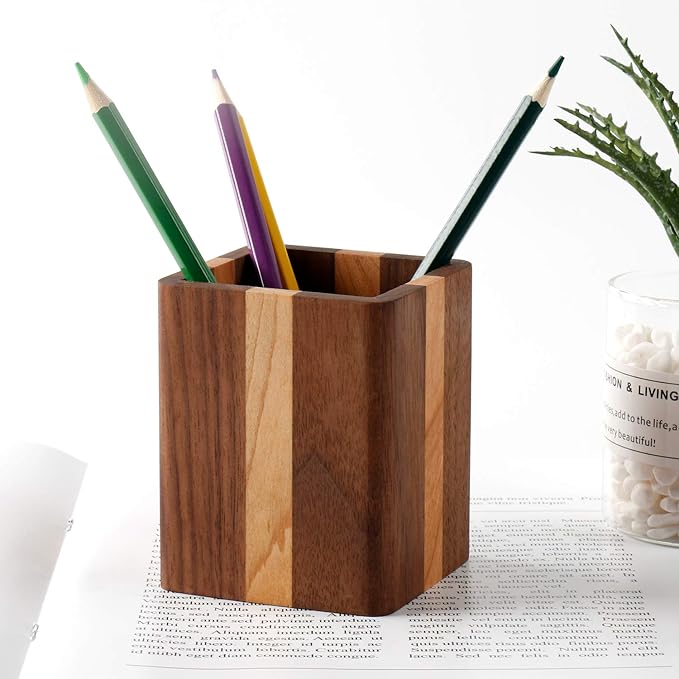 Walnut Pencil Holder Wood Pen Holder For Desk Pen Cup Organizer Ofiice Pencil Stand Simple(Cherry center walnut side)