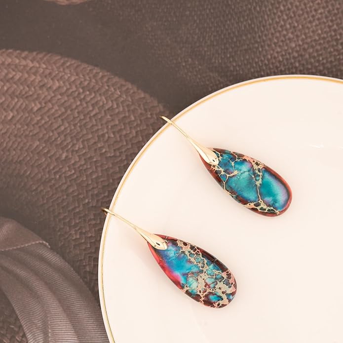 Natural Healing Stone Fishhoop Dangle Drop Earrings Statement Gold silver earrings