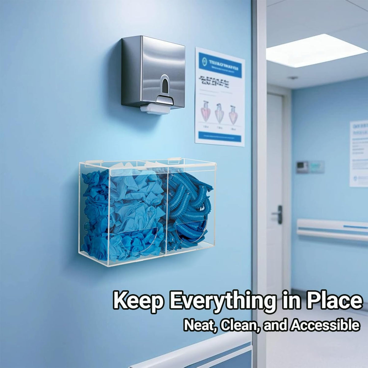 Glove Dispenser Wall Mount - Double Acrylic Hygiene Dispenser Station Holder for Disposable Latex Gloves, Hairnets, Ear Plugs, Laundry Pods, Dishwasher Pods, Dryer Balls, Clear