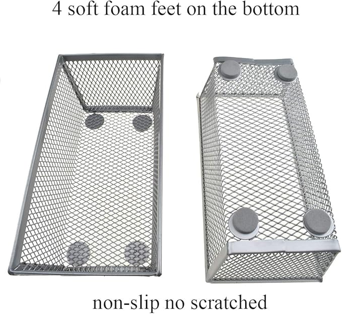 HAHIYO Stackable Mesh Tray Cup 6 x 3 x 2 inches Sturdy Container for Desk Drawer Organizer Collection for Home Office School kitchen Soft Foam Feet No Sharp Edges 2 Pack Silver