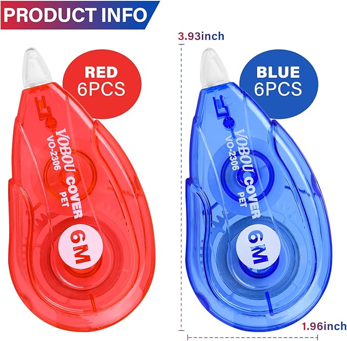 White Correction Tape, Easy To Use Applicator for Instant Corrections Wrong Writing At Any Time, For school, Office (Red and Blue, 12pack, 6M/256" x 0.2")