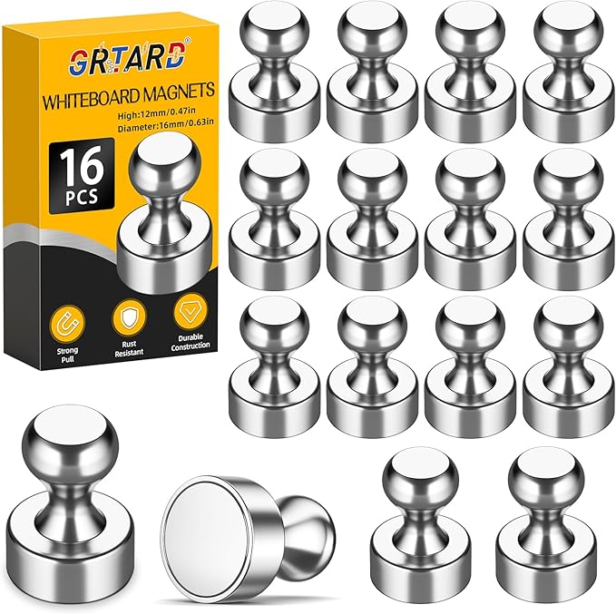 Grtard 16 Pack Magnetic Push Pins, Fridge Magnets for Whiteboard, Whiteboard Magnets Refrigerator Magnets, Small and Strong Push Pin Magnet for Office, School, Locker, and Map Magnet