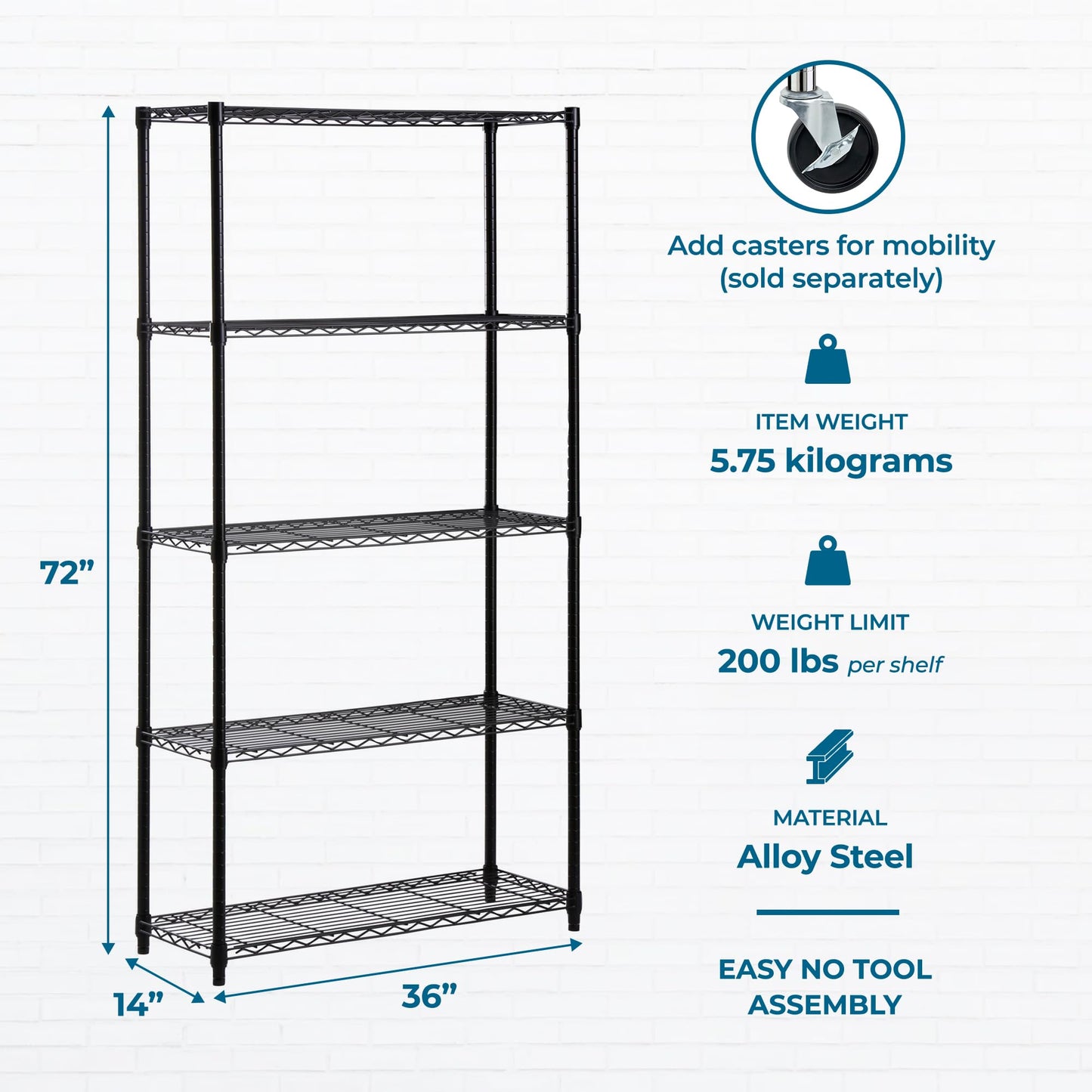 Honey-Can-Do 5-Tier Heavy-Duty Adjustable Shelves, Metal Storage Rack with 200-lb Shelf Capacity, Black, 14" W x 36" L x 72" H