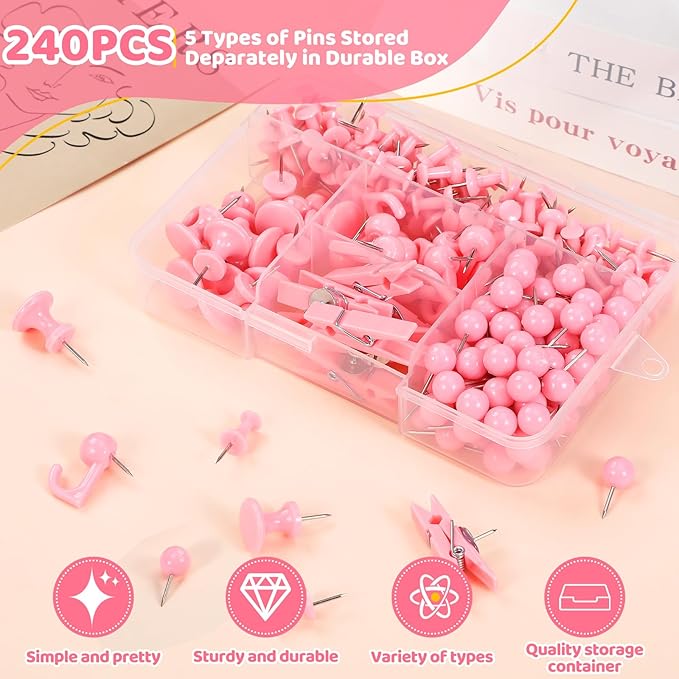 240Pcs Pink Thumb Tacks,5 Style Cute Push Pins, Decorative Push Pins for Bulletin Boards, Cork Board, Pink Office Supplies, Office Decor