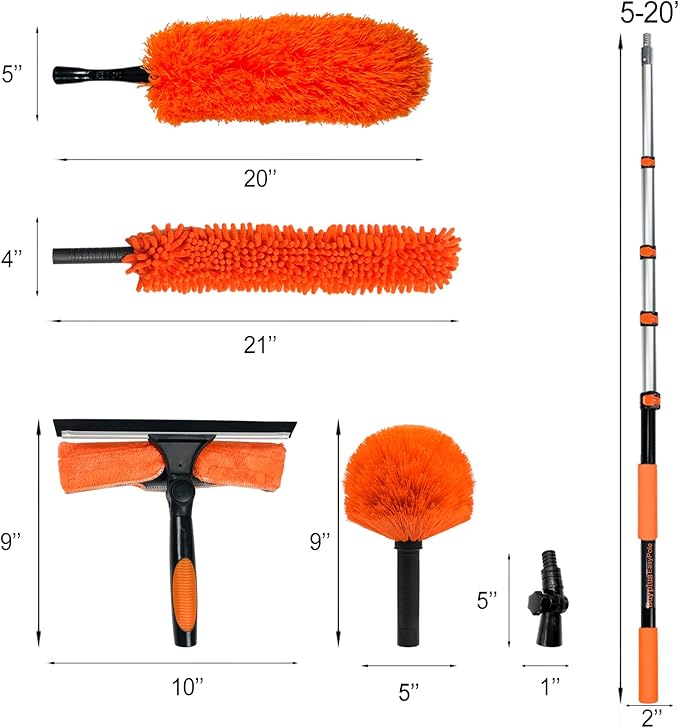 Buyplus 26FT Reach Dusting Kit, Long Duster with 5-20FT Extension Pole for High Ceilings, Cobweb Duster, Microfiber Duster, Window Squeegee, Extendable Duster Cleaning Kit