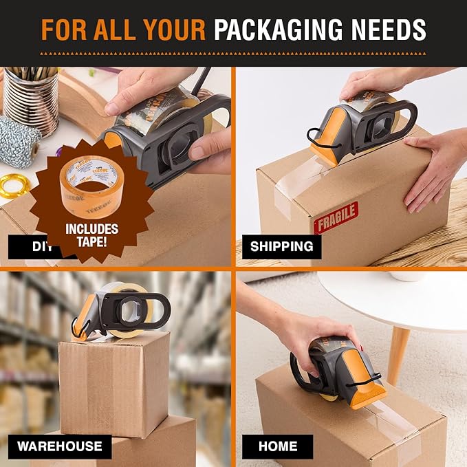 Clear Packing Tape with Dispenser (1 Roll) - Professional Grade for Boxes - Packaging, Shipping with Refillable Dispenser, Fits Standard Bulk Tapes Up to 2" Wide