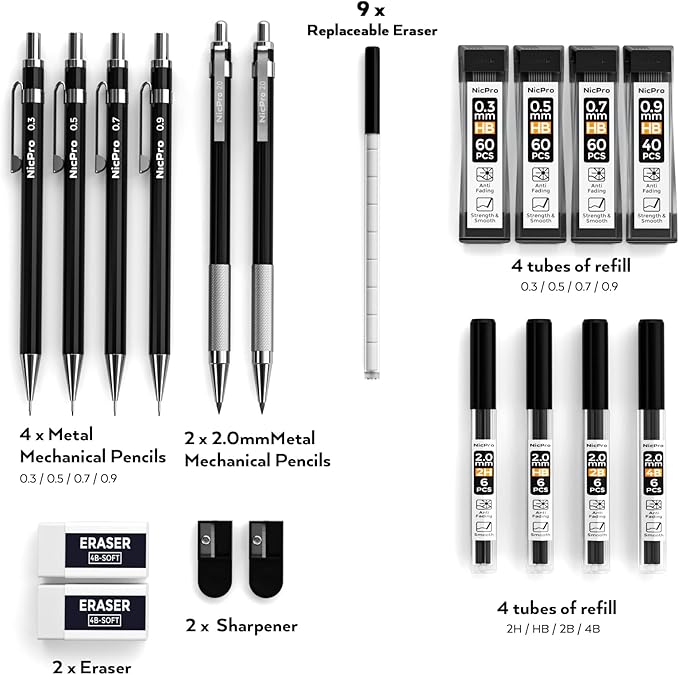 Nicpro 6 PCS Art Mechanical Pencil Set, Black Metal Drafting Pencil 0.3, 0.5, 0.7, 0.9 mm & 2PCS 2mm Graphite Lead Holder(4B 2B HB 2H) For Writing Sketching Drawing With 8 Lead Refills Eraser Case