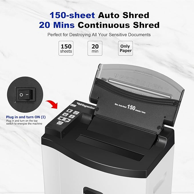150 Sheet Auto-Feed Paper Shredder, Micro Cut P-5 Super High Security (5/64 x 19/32 inches), Large 6-Gallon Bin, 20 Mins Continuous Run, 55dB Ultra-Quiet for Home Office Use, White