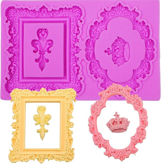 Baroque Mirror Frame Silicone Fondant Molds European Vintage Crown Cake Decoration Molds for Anniversary Weddings Bridal Shower Chocolate Candy Sugar Gum Paste Butter Resin Cookies Polymer Clay