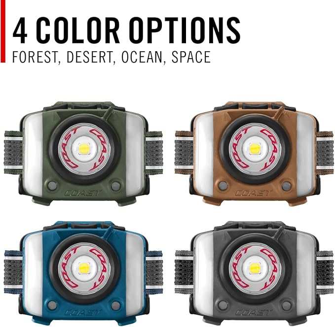 Coast FL97R Voice-Controlled 1200 Lumen Rechargeable LED Headlamp with Pure Beam Spot & Flood, ARC Lighting, Red & Green Color Modes, Glide Focus Radial Arm Dial and USB-C Charge Port, Grey