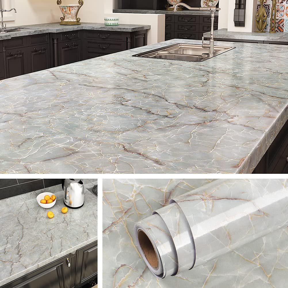 Livelynine 36 Inch Wide Marble Contact Paper for Countertops Waterproof Glossy Light Green Marble Wallpaper Peel and Stick Countertop Kitchen Counter Top Covers Laminate Counter Top Vinyl Wrap Table