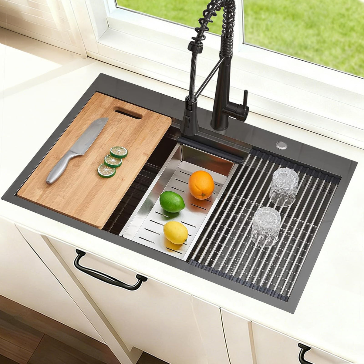 SHACO 33x22 Black Drop In Kitchen Sink, 33 Inch Topmount Gunmetal Black Stainless Steel Single Bowl Overmount Double Ledges Workstation Sink with Accessories