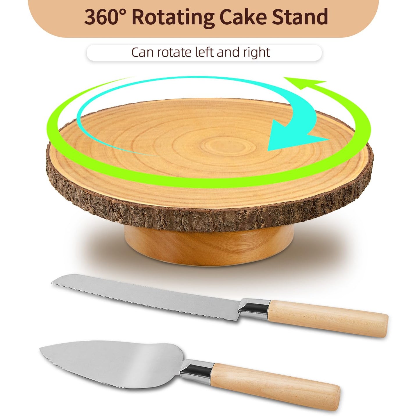 YICMY 12" Rotating Wood Cake Stand with Cake Cutting Set (Knife and Server) - Rustic Wooden Cake Turntable for Decorating, Party, Wedding, Baby Showers, Reception, Event - Ideal Baking Gift & Decor