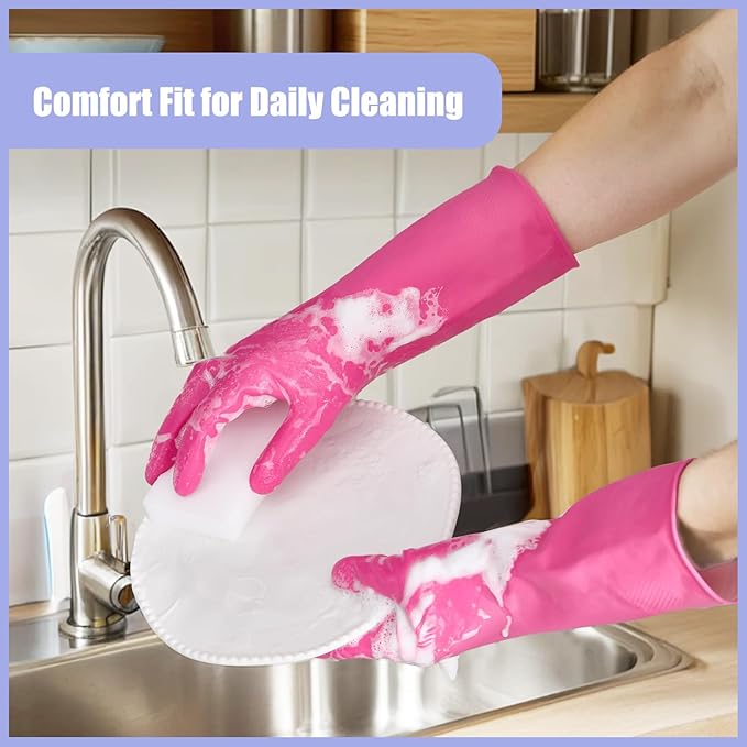 Rubber Kitchen Dishwashing Gloves - 4 Pairs Colorful Reusable Cleaning Gloves for Kitchen Washing Dishes and Household Cleaning(XL, Blue+Pink+Yellow+Red)
