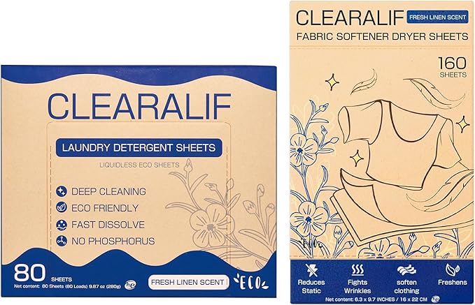 Clearalif All in One Laundry Detergent Sheets Kit, Fresh Linen Scent, 160 Loads Laundry Sheets + 160 Drying Sheets, Laundry Set Great for Travel, Softener Sheets Eco Package Friendly & Hypoallergenic