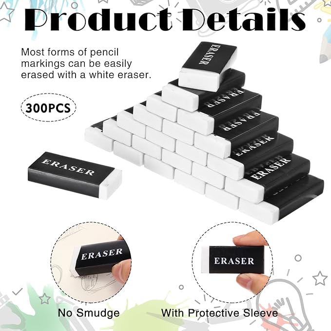 300 Pieces White Pencil Erasers Bulk Soft Art Erasers Pencil Erasers Large Rubber Erasers for Drawing Kids Student Artist Office Home Classroom Writing 1.8 x 0.8 x 0.3 Inch