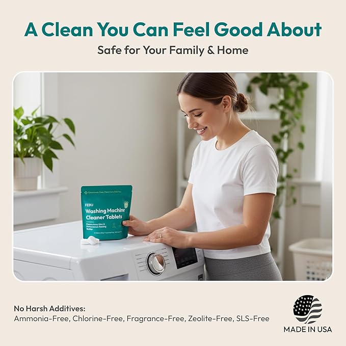 FEBU Washing Machine Cleaner Tablets Made in USA | Washer Machine Cleaner Tablets & Deodorizer | Removes Gunk & Grime | 7 Natural, Biodegradable, Plant-Based Ingredients | 24 Tablets - 12 Month Supply