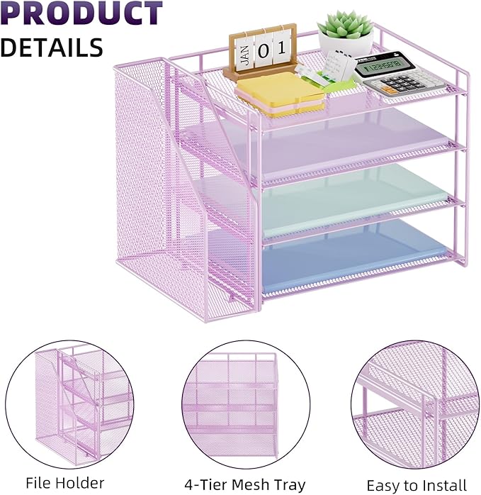 Marbrasse Desk Organizer and Accessories，4-Tier Paper Letter Tray Organizer with File Holder，Desk Accessories & Workspace Desktop Organizers for School Home Office Supplies (Purple)