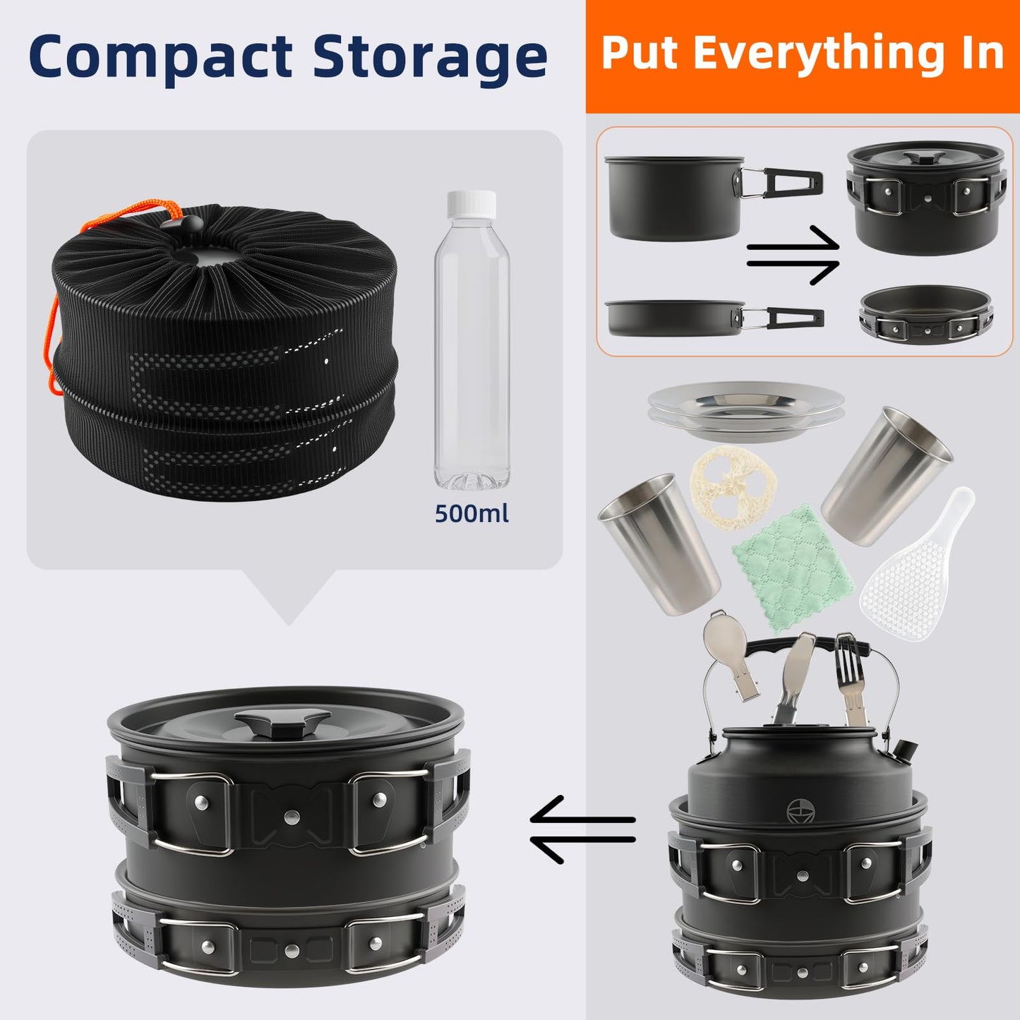 Camping Cooking Set 17-Piece with Kettle,Non-Stick Camping Cookware-Lightweight Backpacking Pots and Pans, Travel Hiking Pan Kit for Outdoor, RV Camp Cook Set, Mesh Bag Included
