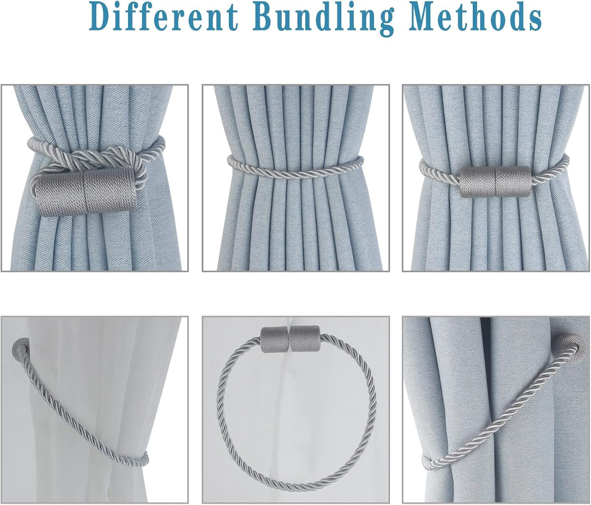 Magnetic Curtain Tiebacks 6 Pack Grey Curtain Rope Tieback Curtain Holders for Drapes Modern Tie Backs Decorative Curtain Holdbacks
