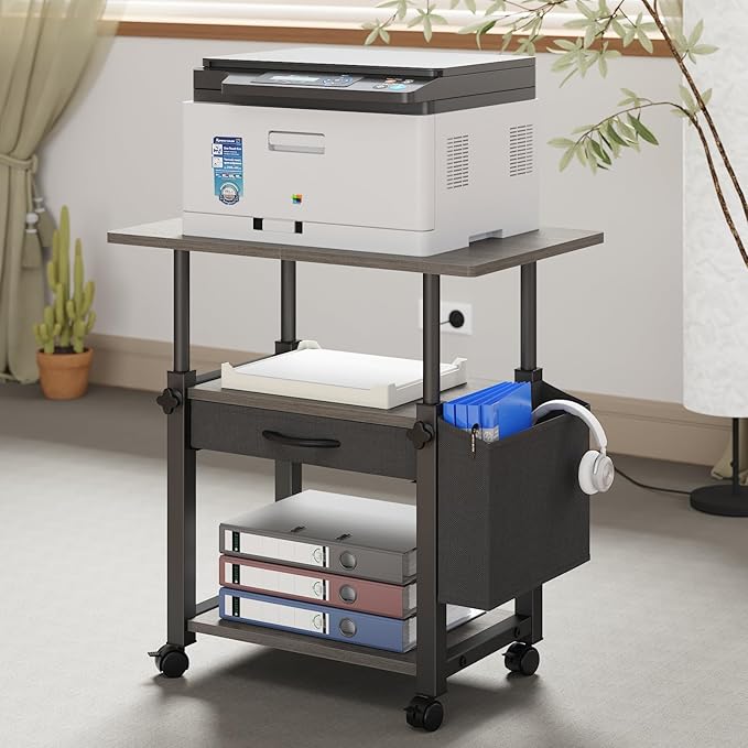 22"x15" Large Printer Stand with Drawer and-side Bag, Adjustable 3-Tier Printer Cart for Home Office, Rolling Printer Stand Fit Heat Press/Laser/3D Printer (Grey)